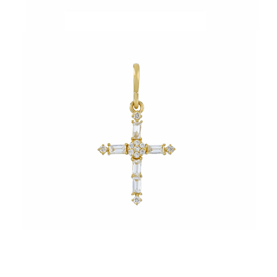 A 14k yellow gold baguette and round diamond cross pendant with a gold chain.
