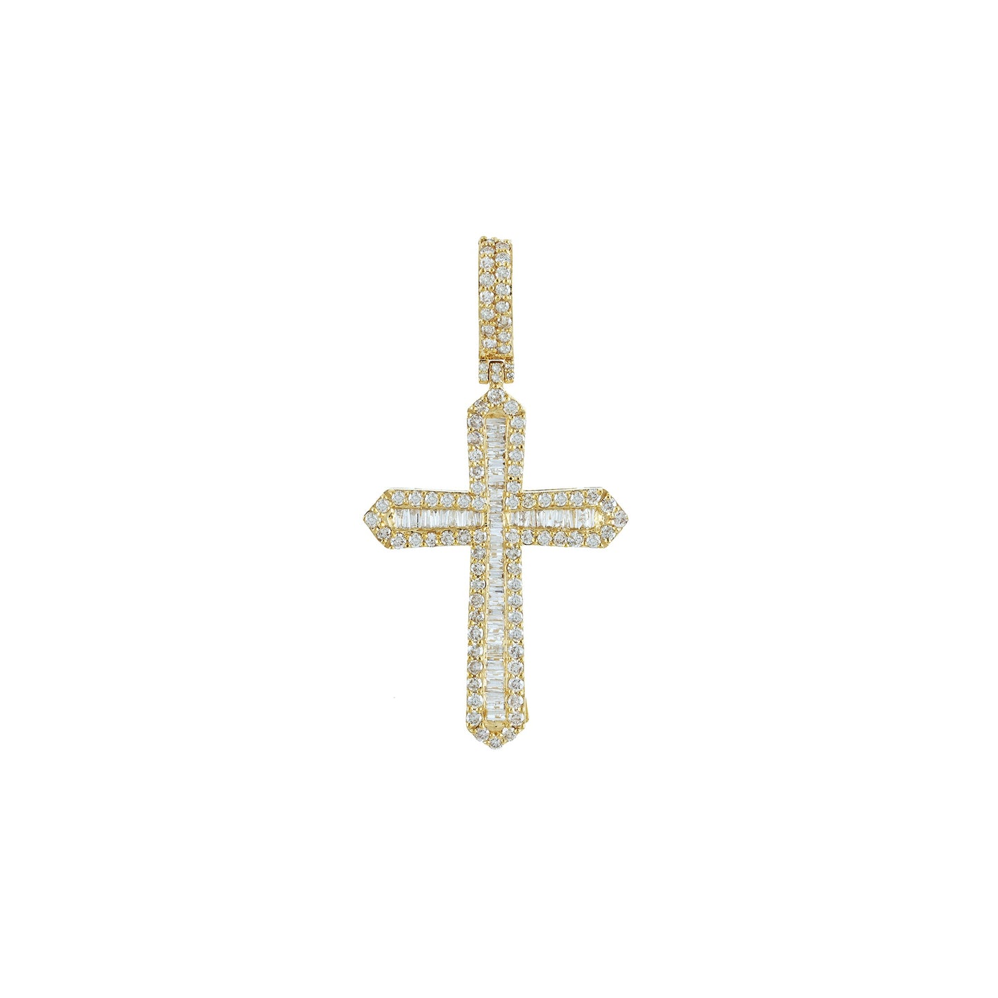 Yellow Gold Round and Baguette Diamond Cross Pendant