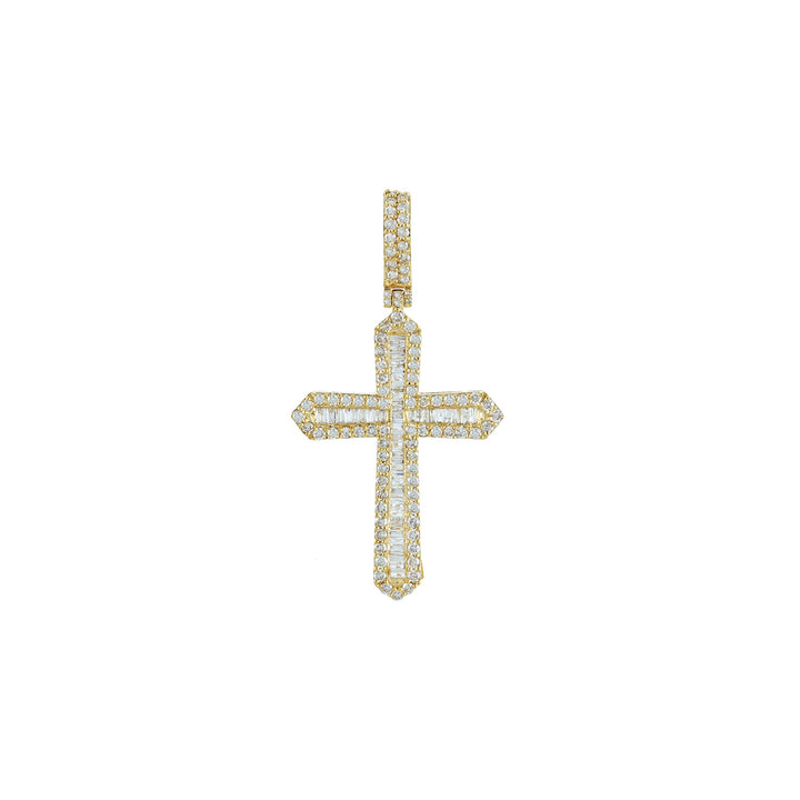 A yellow gold cross pendant featuring round and baguette cut diamonds.