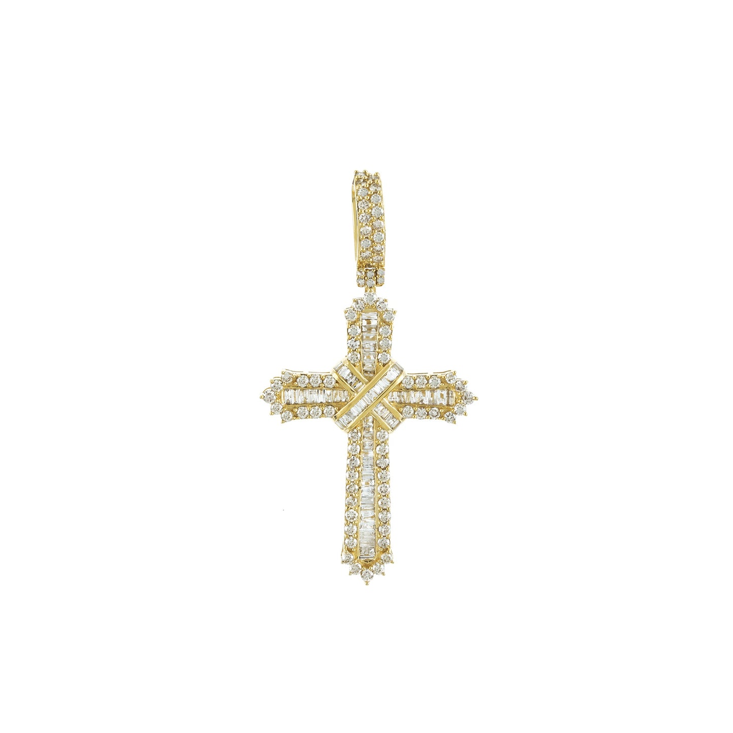 Yellow Gold White Round and Baguette Diamond Cross Pendant