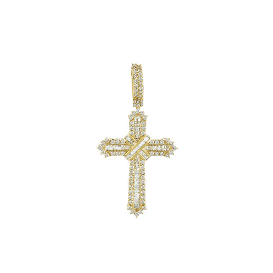 Yellow Gold White Round and Baguette Diamond Cross Pendant by Rafaela Jewelry