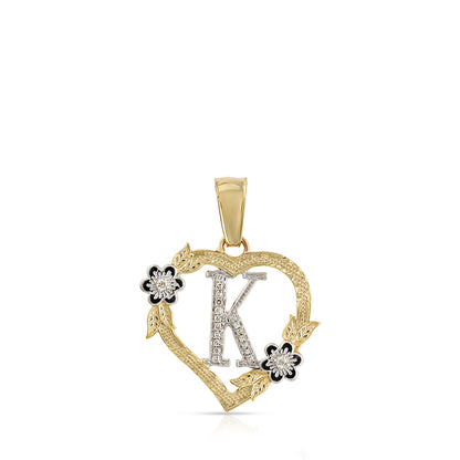 10KT Yellow Gold Diamond Heart Initial Letter Pendant