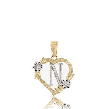 10KT Yellow Gold Diamond Heart Initial Letter Pendant