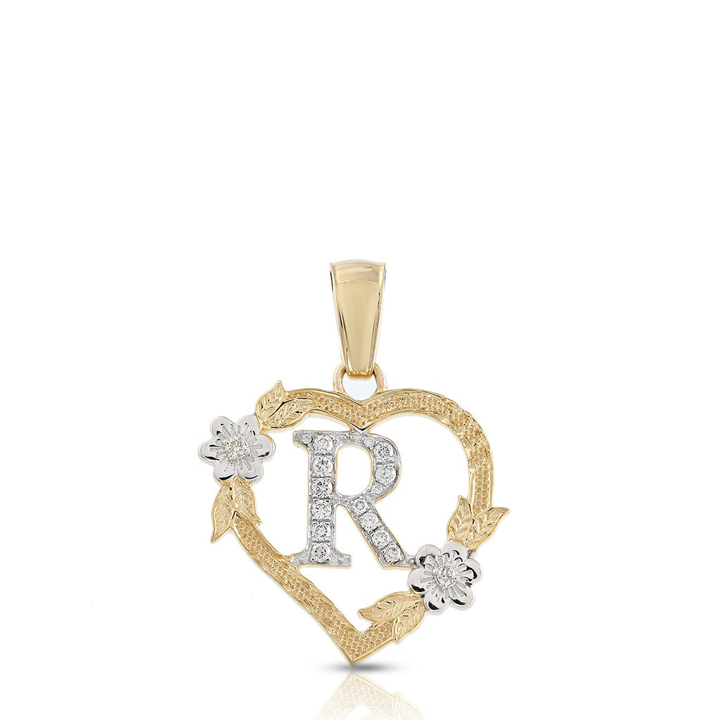 10KT Yellow Gold Diamond Heart Initial Letter Pendant