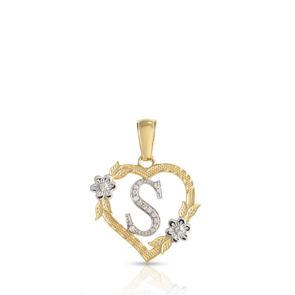 10KT Yellow Gold Diamond Heart Initial Letter Pendant