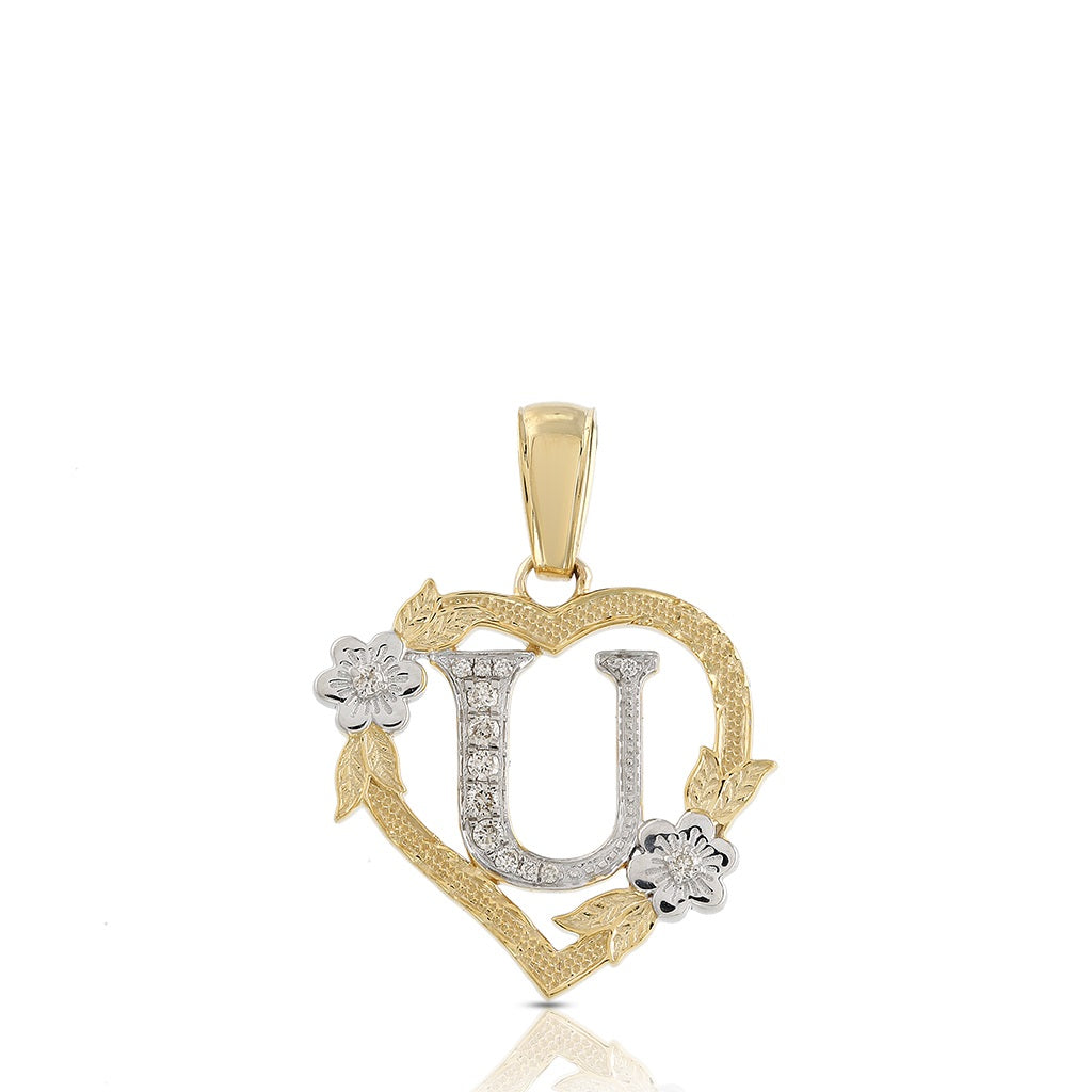 10KT Yellow Gold Diamond Heart Initial Letter Pendant