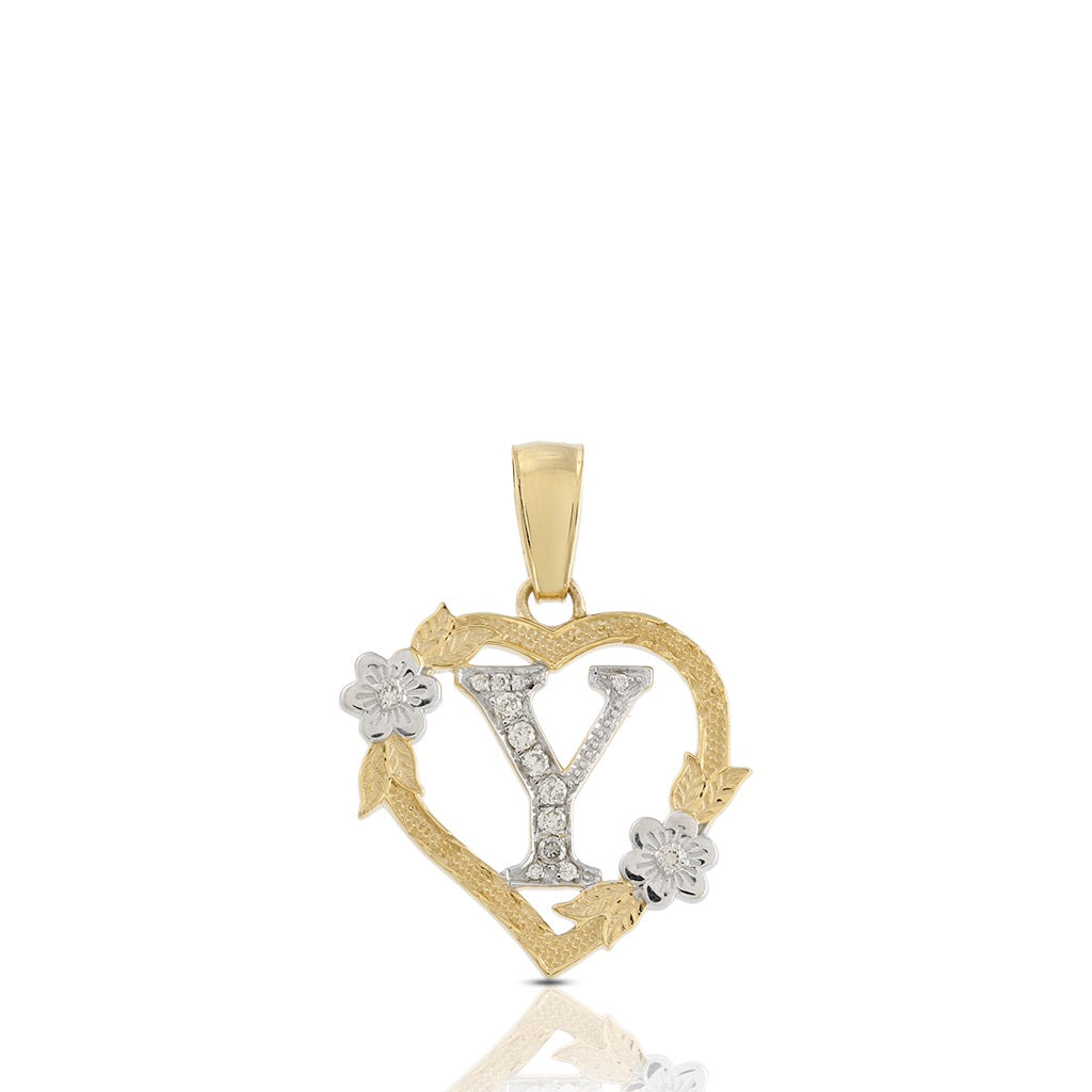 10KT Yellow Gold Diamond Heart Initial Letter Pendant