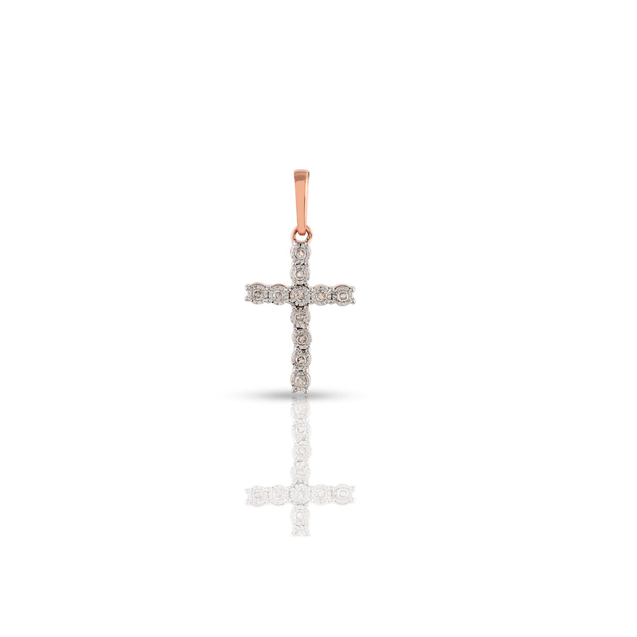 A 14K rose gold diamond cross pendant with round diamonds set in a cross design, suspended from a curved chain.