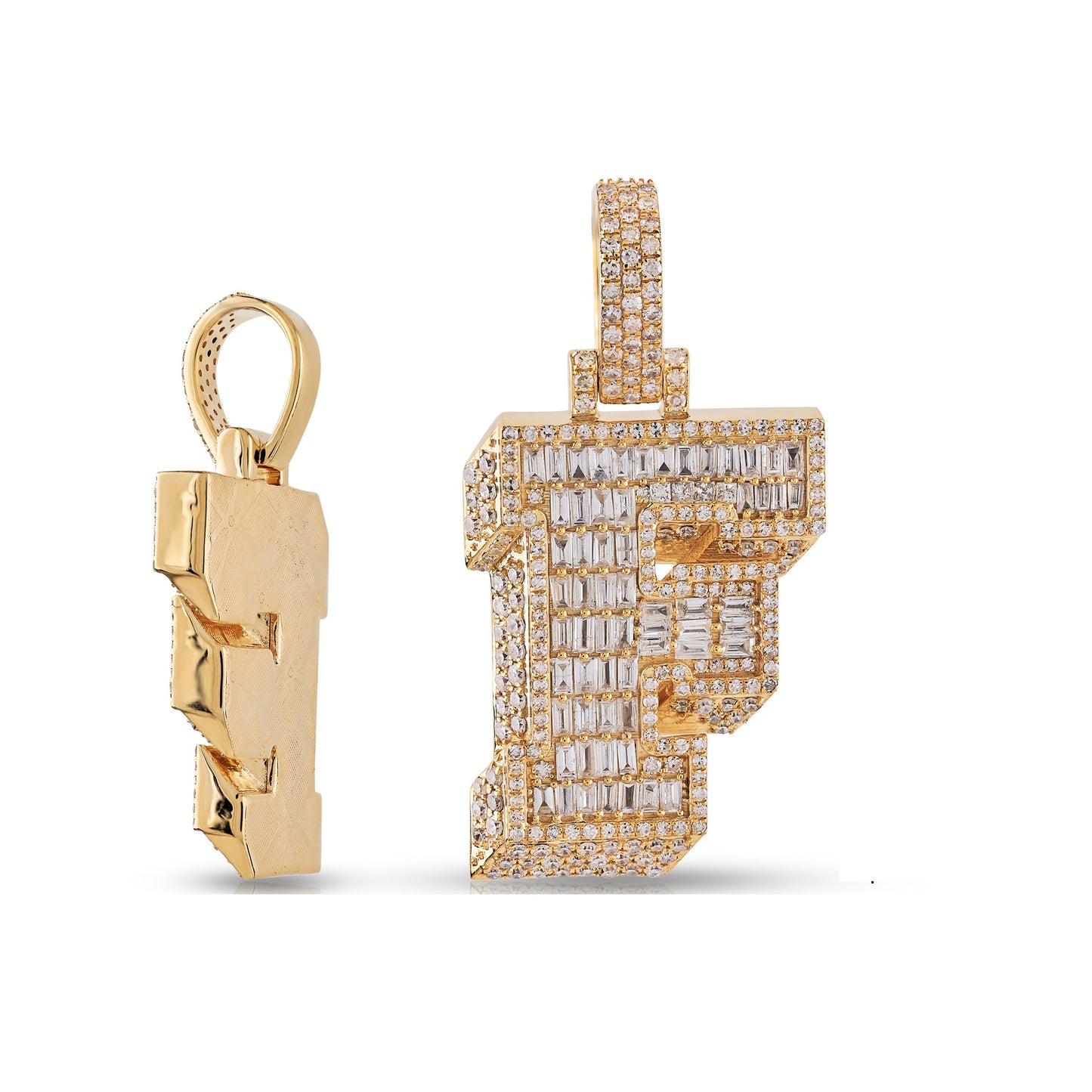 Initial Baguette & Round Diamond Pendant in Yellow Gold