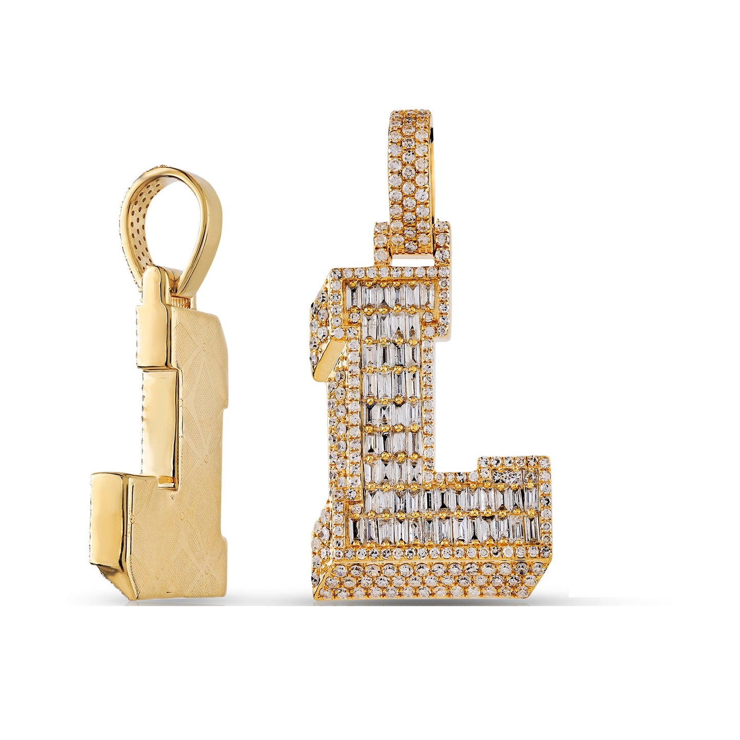 Initial Baguette & Round Diamond Pendant in Yellow Gold