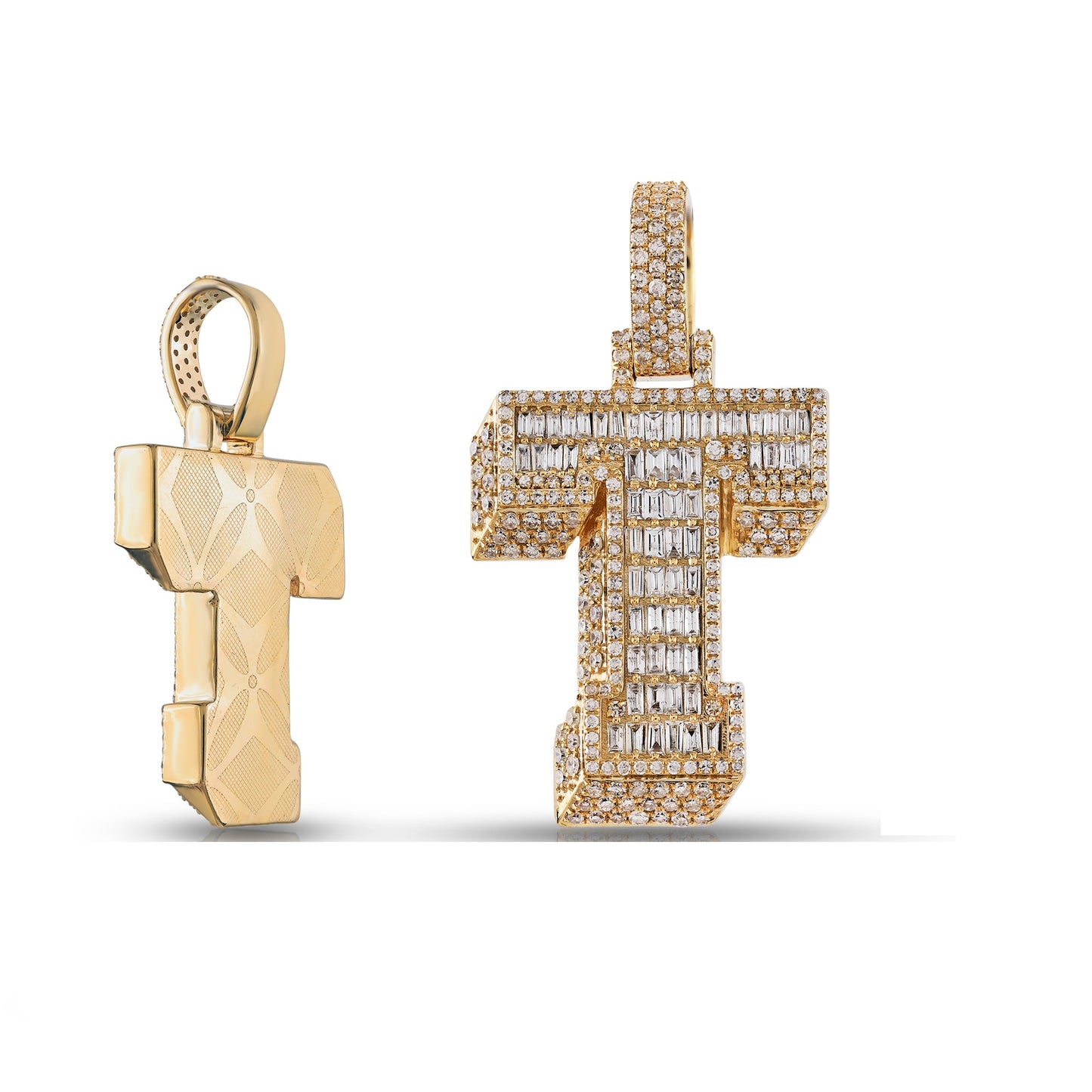 Initial Baguette & Round Diamond Pendant in Yellow Gold