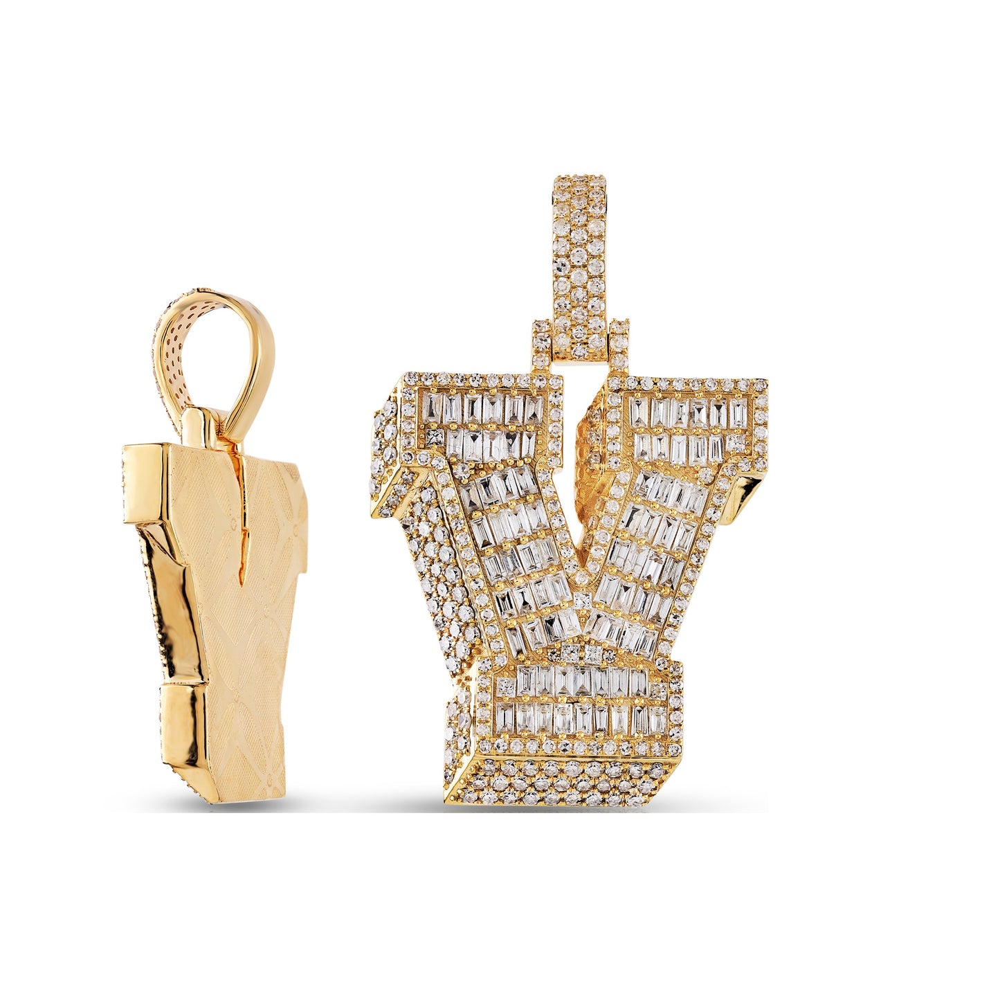 Initial Baguette & Round Diamond Pendant in Yellow Gold