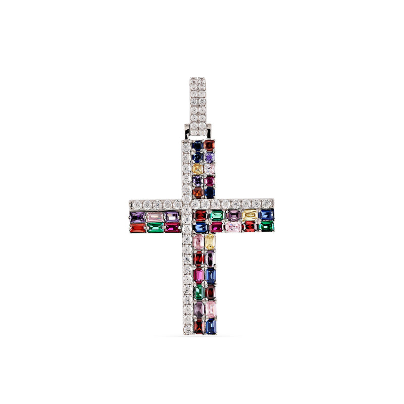 A 925 silver cross pendant adorned with round-cut diamonds and colorful stones.