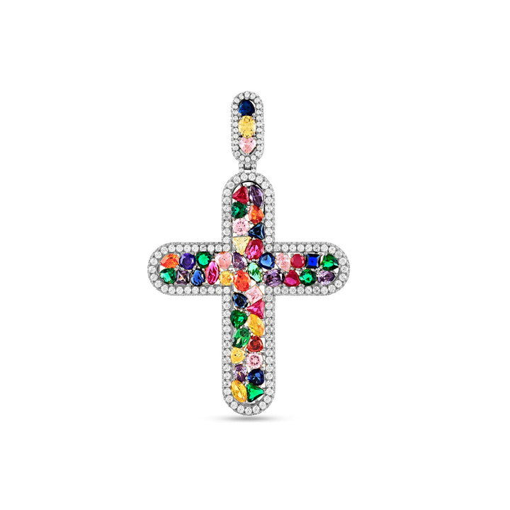 A silver cross pendant adorned with multicolored stones and cubic zirconia diamonds.