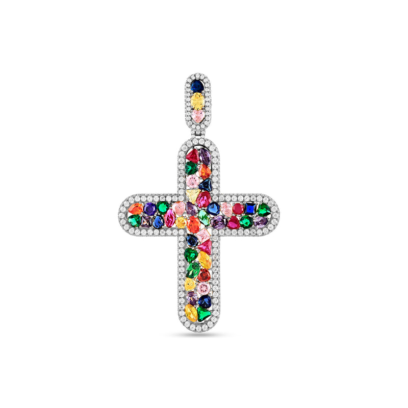 A silver cross pendant adorned with multicolored stones and cubic zirconia diamonds.