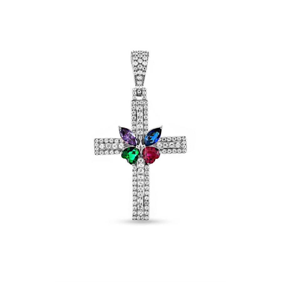 A silver cross pendant adorned with round-cut cubic zirconia diamonds and heart and marquise-shaped colorful stones.