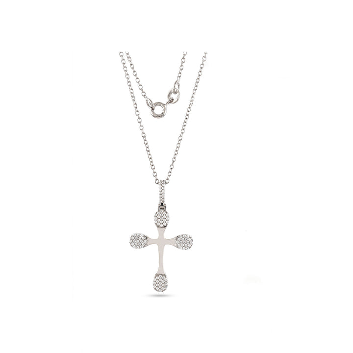 A 925 silver cross pendant adorned with round-cut cubic zirconia stones on a chain.