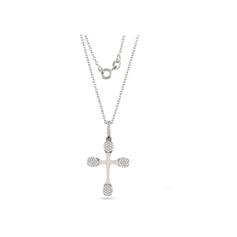 A 925 silver cross pendant adorned with round-cut cubic zirconia stones on a chain.