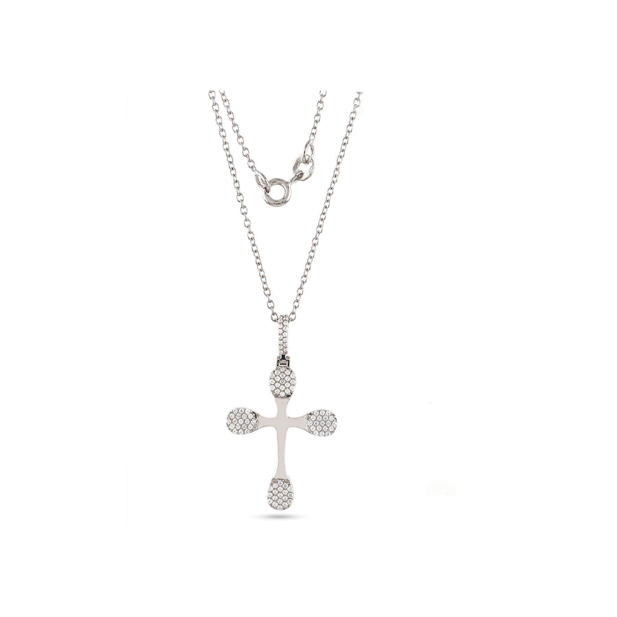 A 925 silver cross pendant adorned with round-cut cubic zirconia stones on a chain.