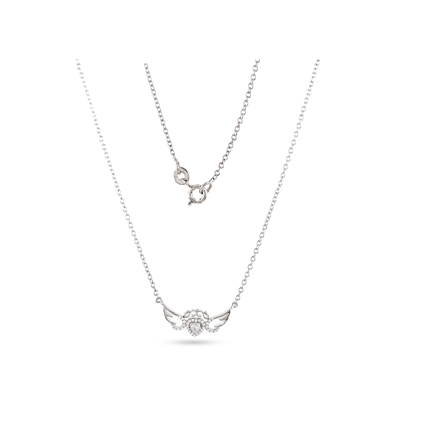925 Silver Cz Round and Heart  Diamond Angle Wings Pendant