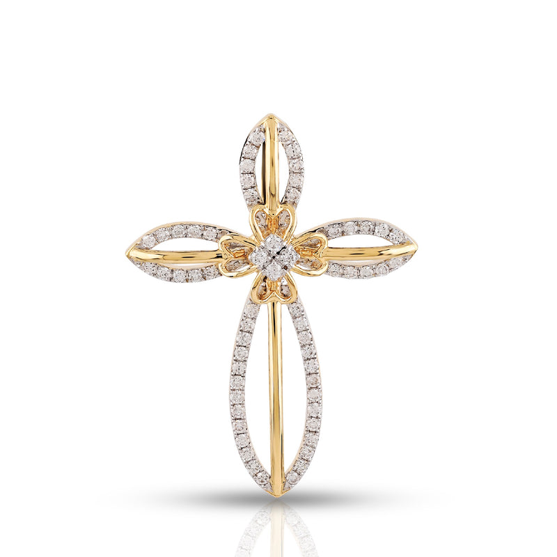 Yellow Gold Floral Diamond Open Cross Pendant