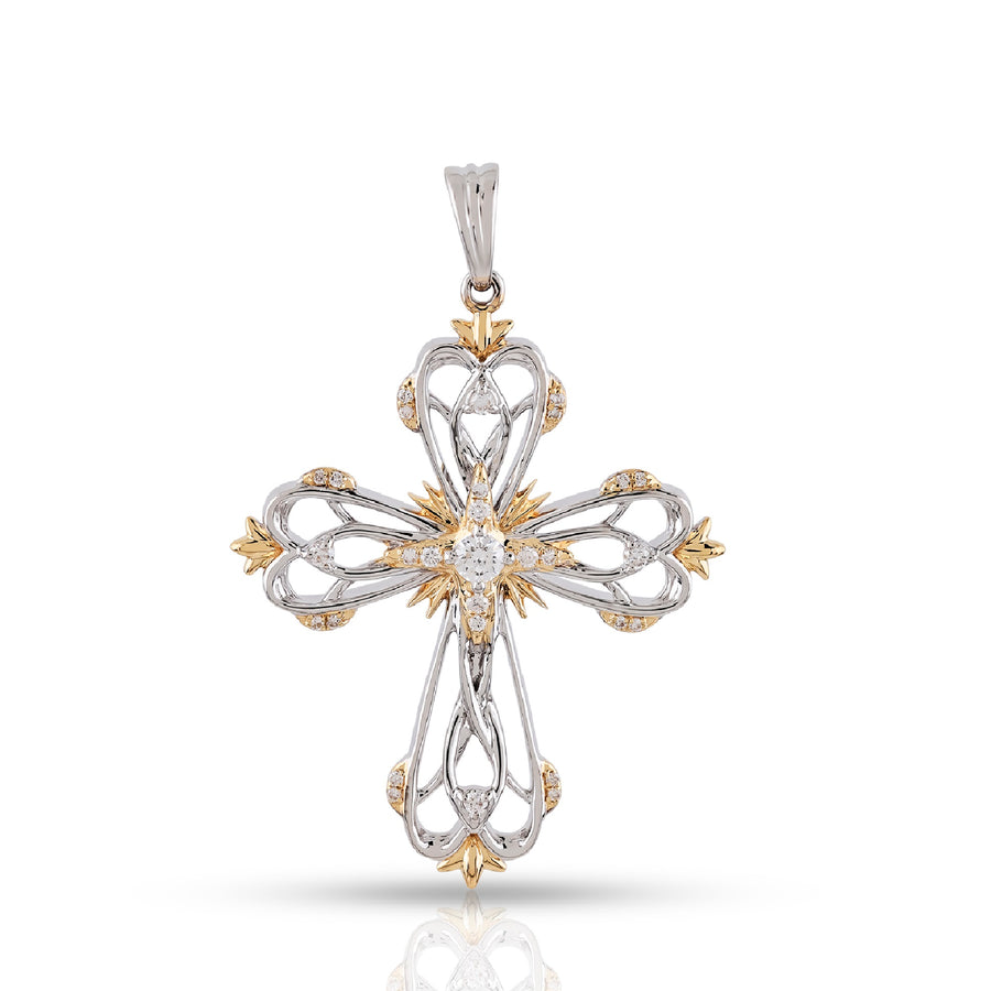 Two Tone Filigree Cross Pendant in Gold Ornate Diamond