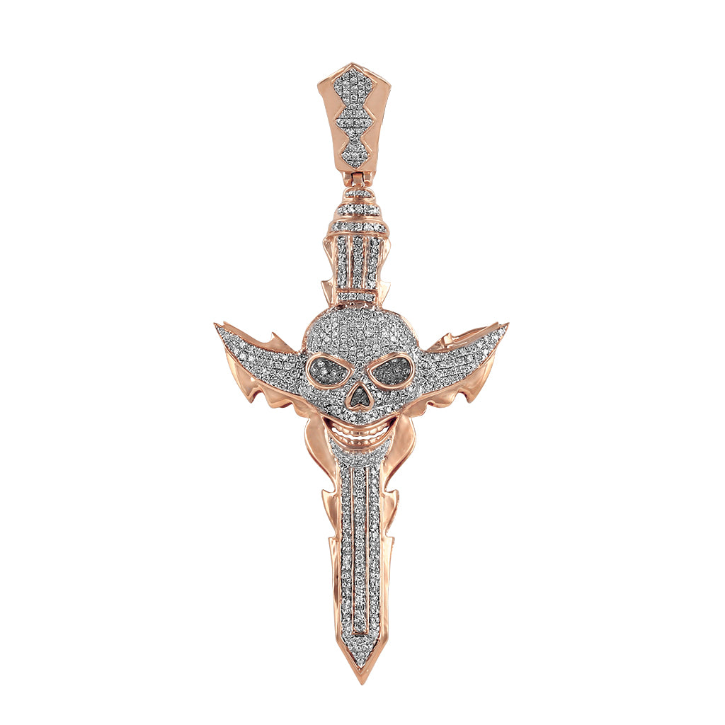 Rose Gold Round Diamond Skull Cross Pendant