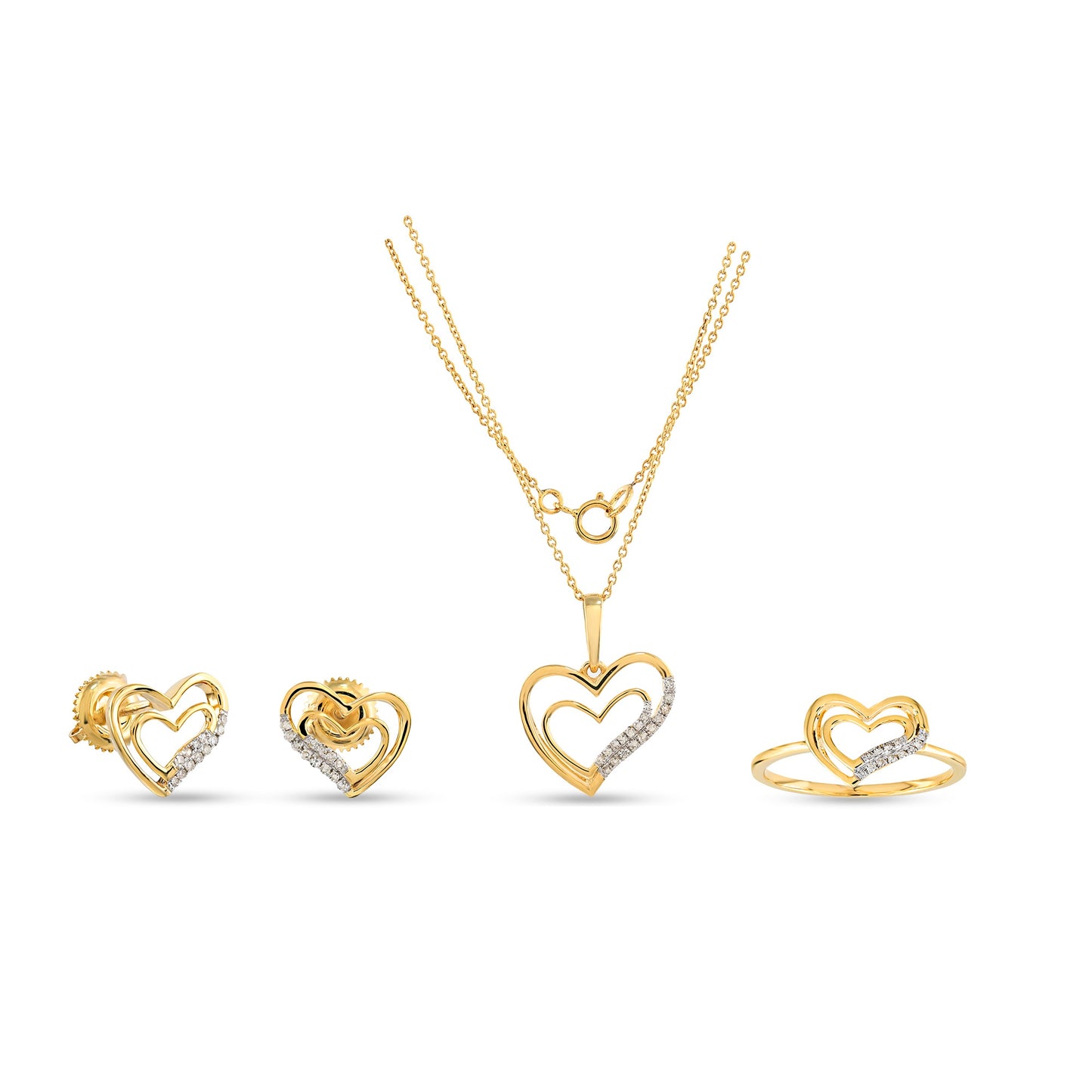 Yellow Gold Nested Double Heart Diamond Matching Jewelry Set by Truth Jewel's