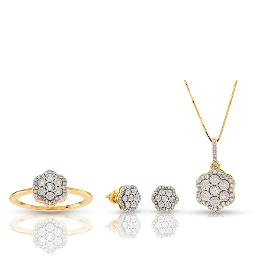 10KT Yellow Gold Diamond Cluster Flower Matching Jewelry Set By Truth Jewel