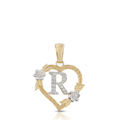 10KT Yellow Gold Diamond Heart Initial Letter Pendant