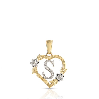 10KT Yellow Gold Diamond Heart Initial Letter Pendant