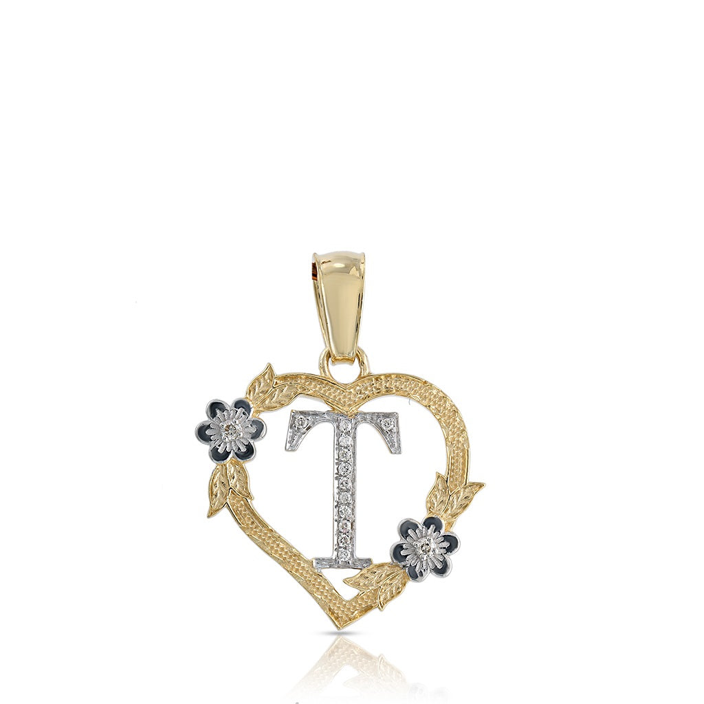 10KT Yellow Gold Diamond Heart Initial Letter Pendant