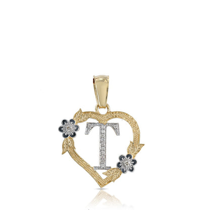 10KT Yellow Gold Diamond Heart Initial Letter Pendant