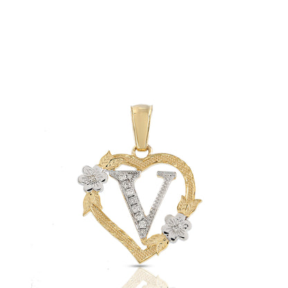 10KT Yellow Gold Diamond Heart Initial Letter Pendant