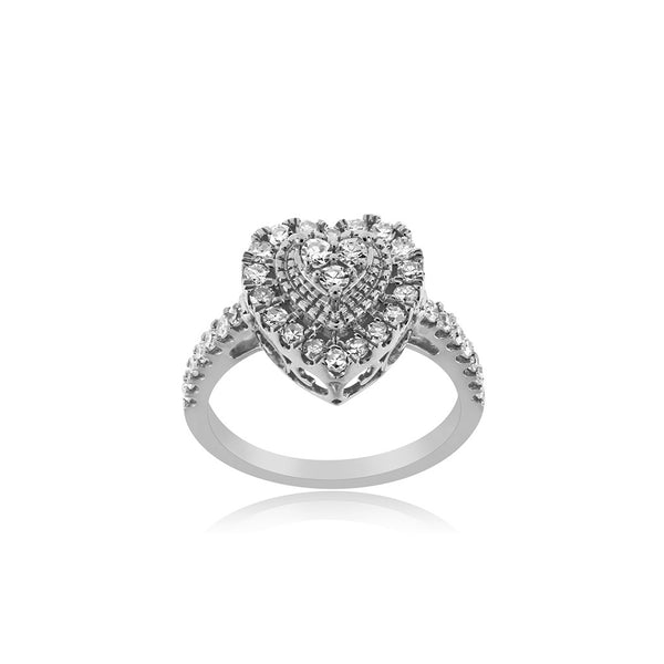 Heart-shaped diamond ring on a white background