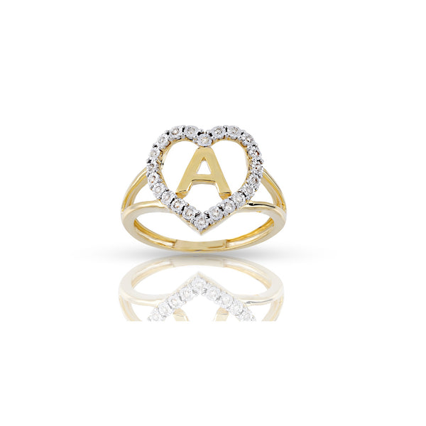 10K Yellow Gold Heart Initial Letter Ring with 0.08CT Diamond