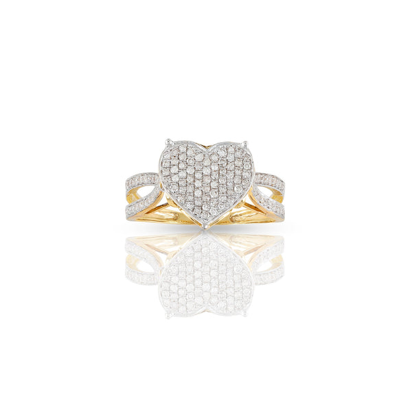 A yellow gold ring with a heart-shaped center adorned with round diamonds, with additional diamond accents on the band.