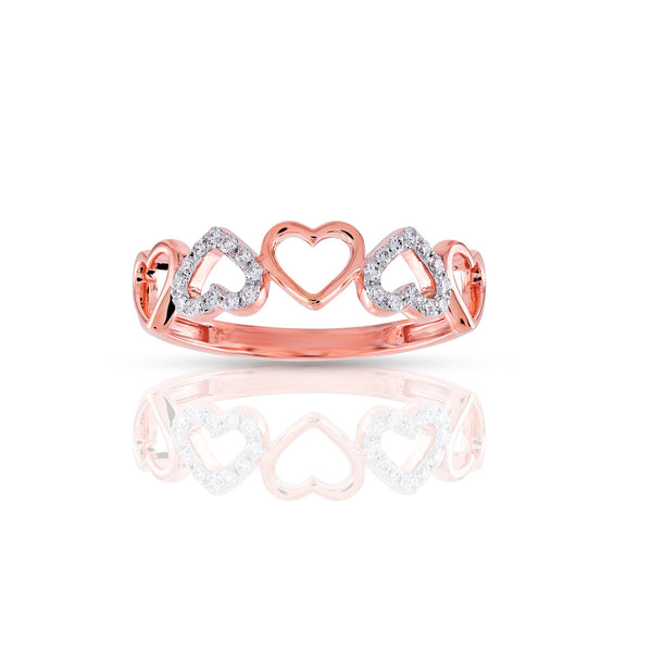A rose gold ring with a heart-shaped design, adorned with round diamonds.