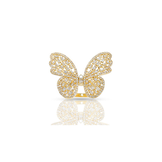 23mm Yellow Gold Round and Baguette Diamond Butterfly Ring by Truth Jewel