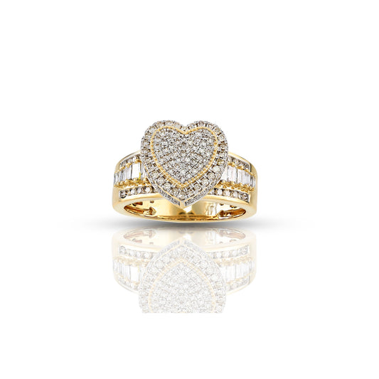 Yellow Gold White Baguette and Round Diamond Heart Ring by Truth Jewel