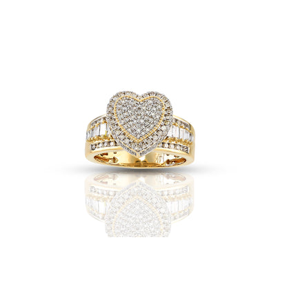 14K Yellow Gold Baguette and Round Diamond Heart Ring