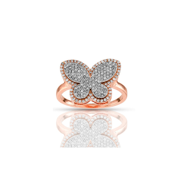 A 10k rose gold diamond butterfly ring with a butterfly design encrusted with sparkling diamonds.