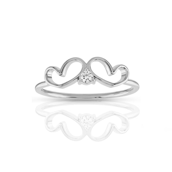 A 925 silver ring with a double heart design and a round-cut cubic zirconia stone in the center.