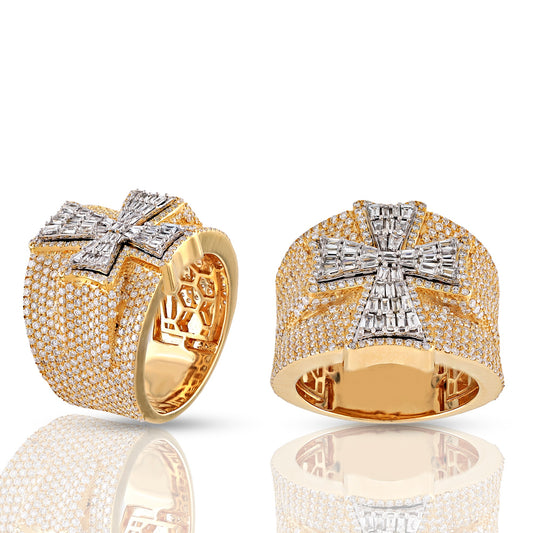 Iced Baguette Cross Statement Ring in Yellow Gold By Truth Jewel