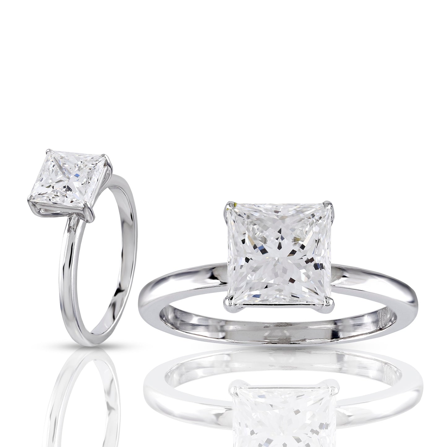 Two diamond rings with square-cut diamonds on a white background
