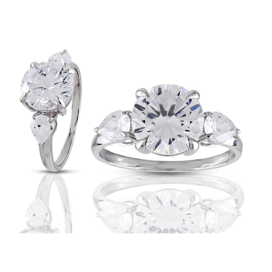925 Silver Cz Round and Pear Diamond Ring 9.1 mm
