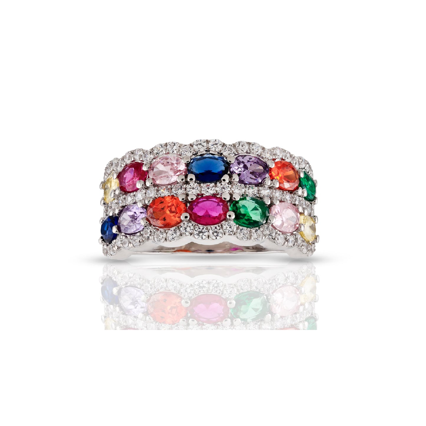 925 Silver Cs Round Diamond and Oval shape Colorstone Ring 11.1 mm
