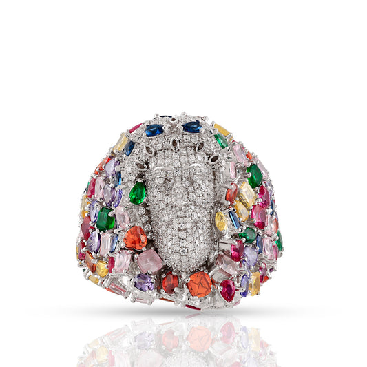 Silver Multi-Colour Jesus Face Diamond Dome Ring By Truth Jewel