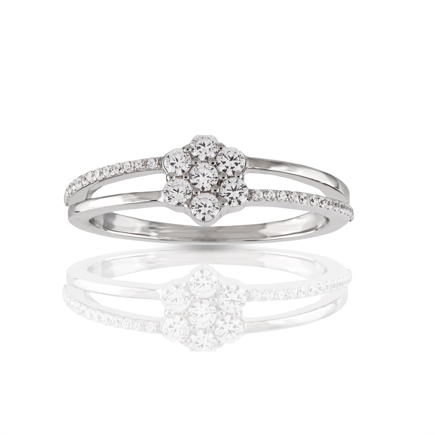 925 Silver CZ Round Diamond Flower Ring