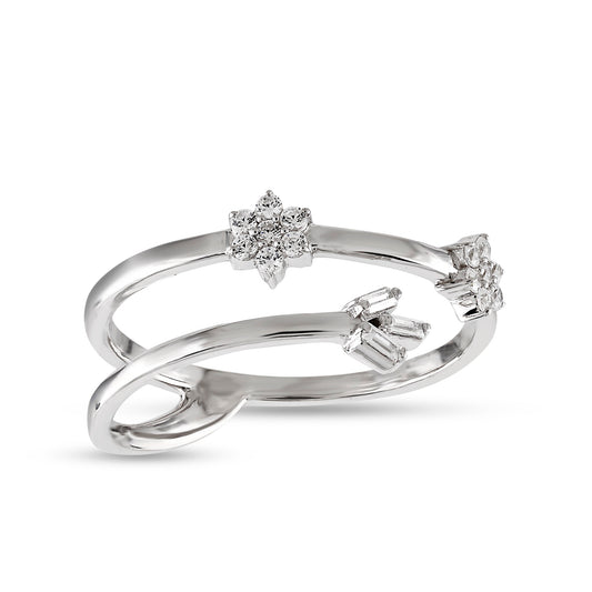925 Silver Cz Baguette and Round Diamond Flower Ring